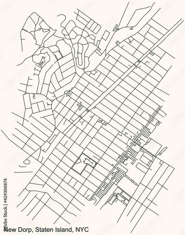 Black simple detailed street roads map on vintage beige background of the quarter New Dorp neighborhood of the Staten Island borough of New York City, USA