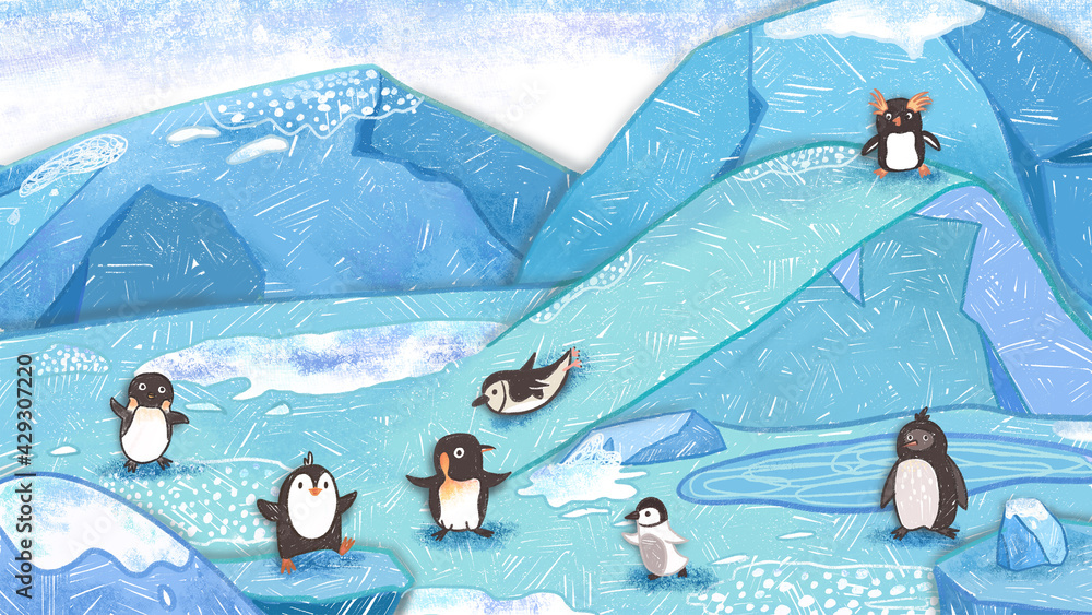 Antarctica Penguin Backdrop Cartoon Background. cute oil pastel drawing