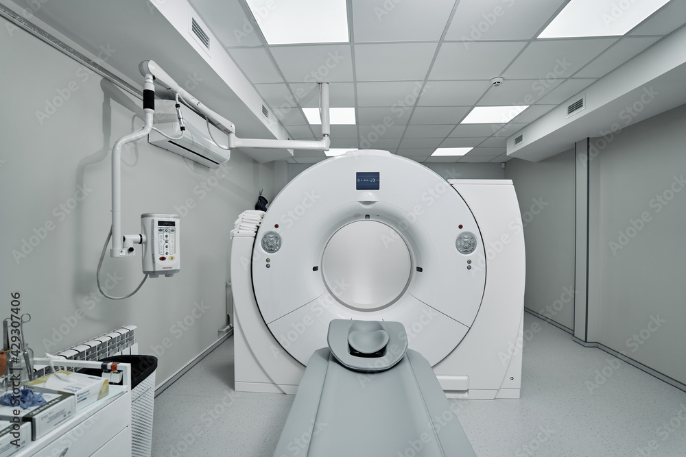 MRI - Magnetic resonance imaging scan device in Hospital. Medical Equipment and Health Care. CT - Computerized Tomography Scan Device in Hospital. MRI - Magnetic resonance imaging scan device in Hospital. Medical Equipment and Health Care. CT - Computerized Tomography Scan Device in Hospital.