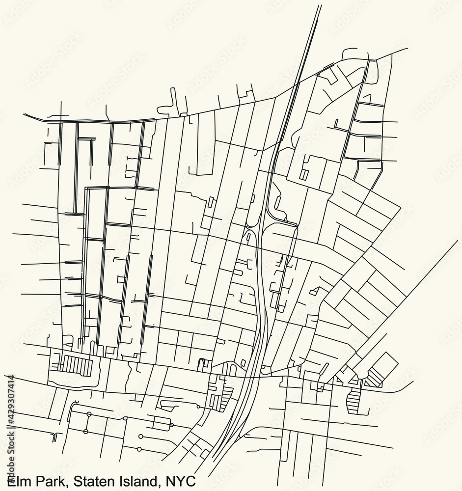 Black simple detailed street roads map on vintage beige background of the quarter Elm Park neighborhood of the Staten Island borough of New York City, USA