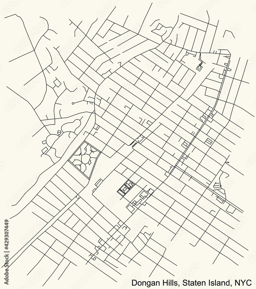 Black simple detailed street roads map on vintage beige background of the quarter Dongan Hills neighborhood of the Staten Island borough of New York City, USA