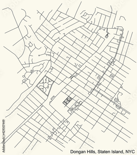 Black simple detailed street roads map on vintage beige background of the quarter Dongan Hills neighborhood of the Staten Island borough of New York City, USA