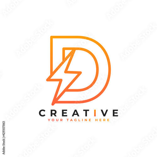 Free Download Initial Letter D Logo With Lighting Thunder Bolt in Linear Style. Alphabet Suitable for Fast, Power, Flash, Electric, Identity, Moving and Speed. - GFXLoad