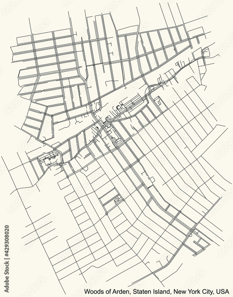 Black simple detailed street roads map on vintage beige background of the quarter Woods of Arden neighborhood of the Staten Island borough of New York City, USA