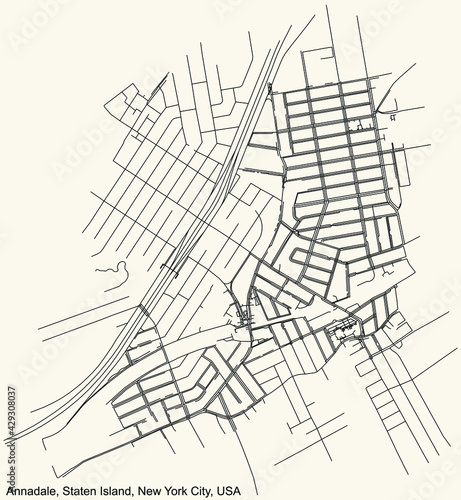 Black simple detailed street roads map on vintage beige background of the quarter Annadale neighborhood of the Staten Island borough of New York City, USA