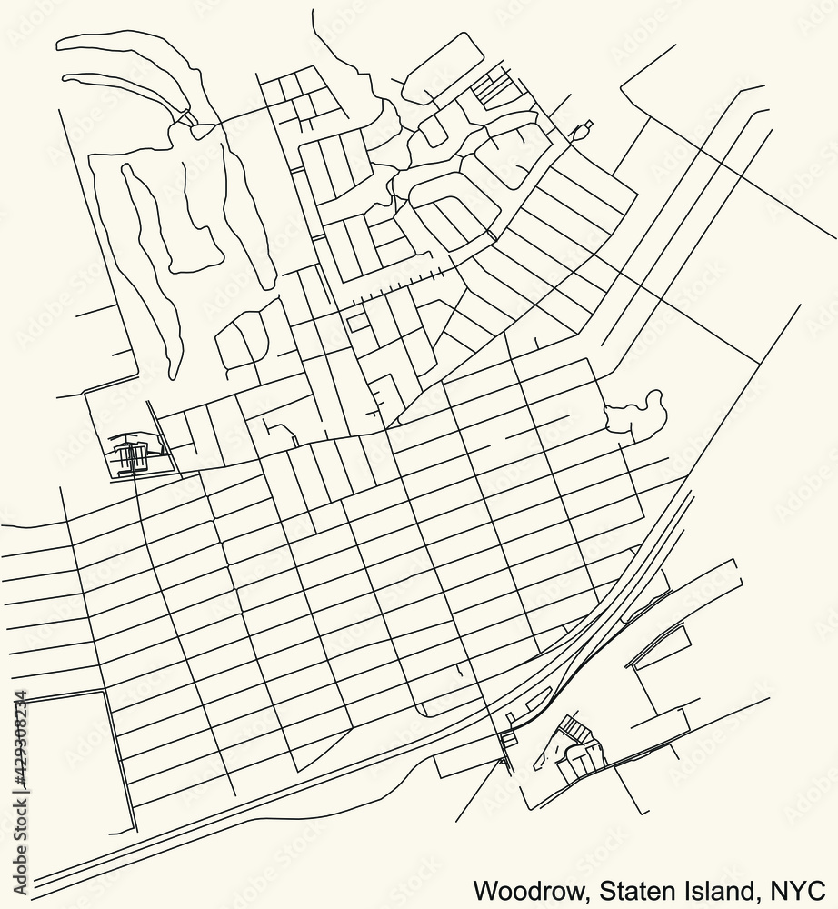 Black simple detailed street roads map on vintage beige background of the quarter Woodrow neighborhood of the Staten Island borough of New York City, USA