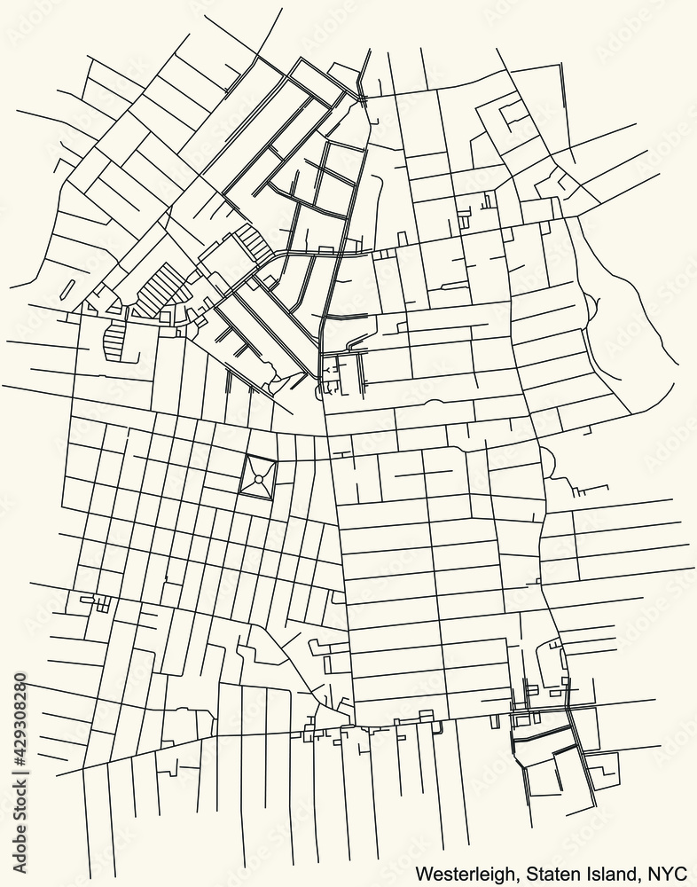 Black simple detailed street roads map on vintage beige background of the quarter Westerleigh neighborhood of the Staten Island borough of New York City, USA