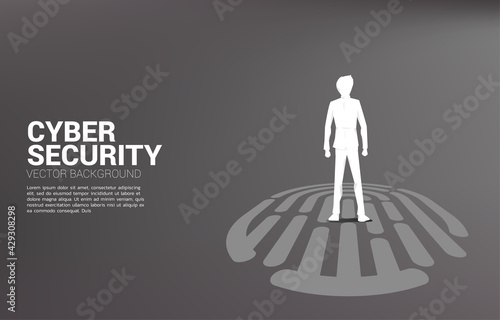 Businessman standing on finger scan icon. Background concept for security and privacy technology on network