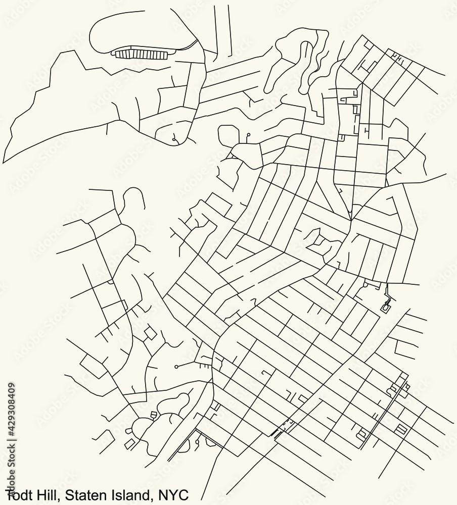 Black simple detailed street roads map on vintage beige background of the quarter Todt Hill neighborhood of the Staten Island borough of New York City, USA