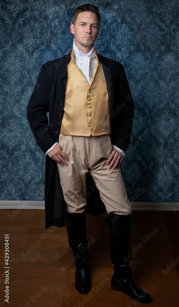 golden dress breeches Photography Poster A handsome Regency gentleman wearing a gold waistcoat, breeches, and a black lon Golden retriever