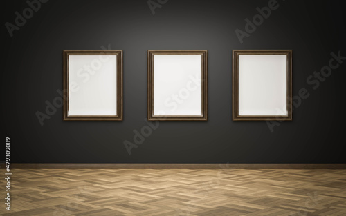 empty blank picture frames in art gallery exhibition on dark wall and wooden floor 3d render illustration