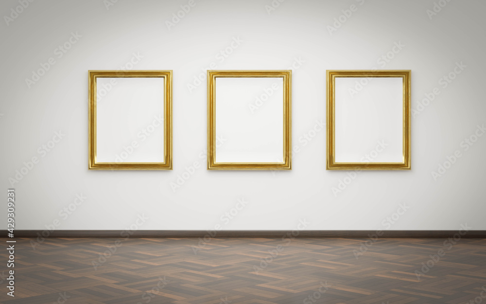 blank canvas with golden frame in gallery exhibition hall 3d render illustration blank canvas with golden frame in gallery exhibition hall 3d render illustration