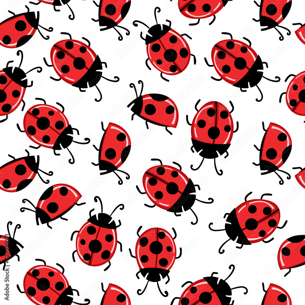 Naklejka premium Fashion animal seamless pattern with colorful ladybird on white background. Cute holiday illustration with ladybags for baby. Design for invitation, poster, card, fabric, textile