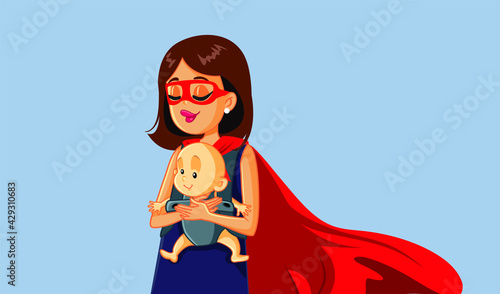 Superhero Mom Holding Baby in Carrier Vector Illustration