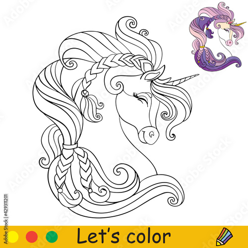 Cute head of unicorn in profile coloring vector