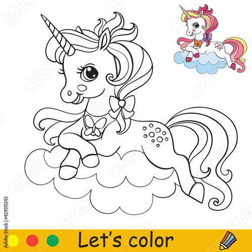Cute unicorn lying on a cloud coloring vector