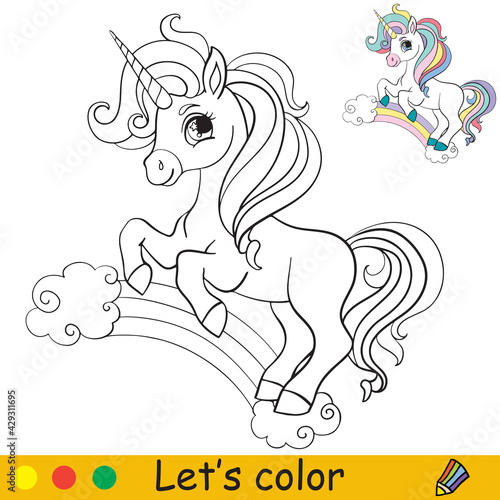 Cute cartoon unicorn standing on a rainbow coloring vector