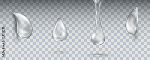 Water rain drop set isolated on transparent background. Realistic collagen droplet collection. Vector clear bubbles, aqua elements or dew templates