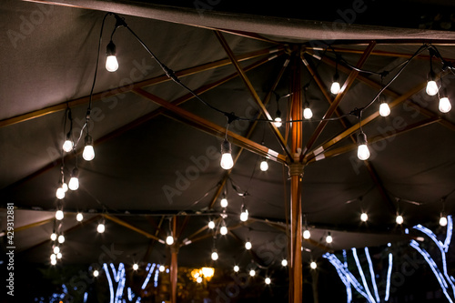 string of light bulb lamps suspended from a sunshade on the backyard terrace night lighting is warm illuminations close up, nobody. © Александр Беспалый