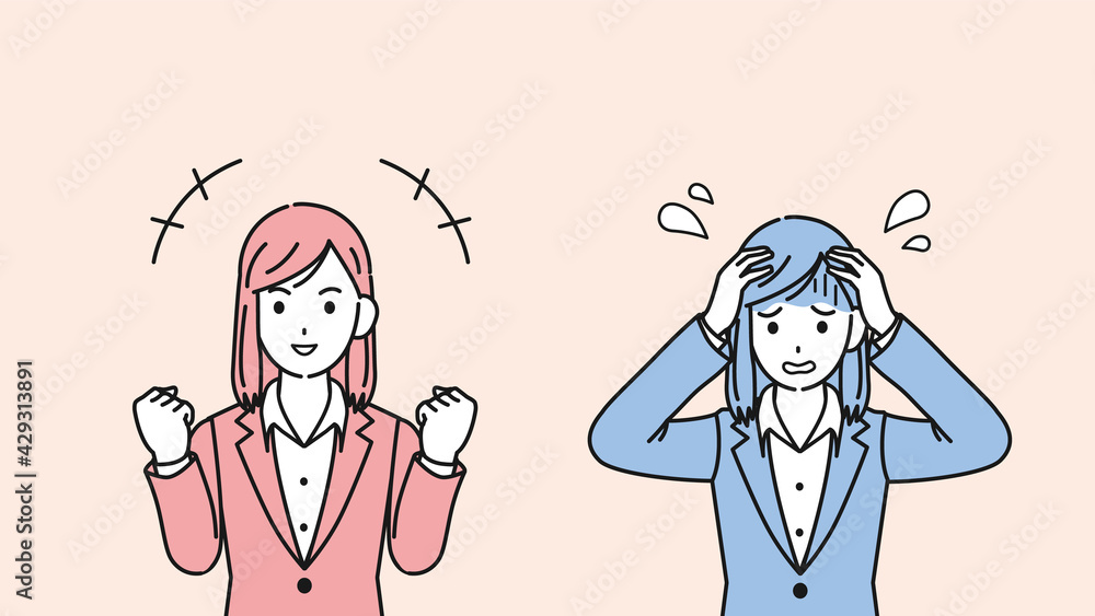 スーツ姿の女性 会社員 ポジティブな感情とネガティブな感情 イラスト素材 スーツ姿の女性 会社員 ポジティブな感情とネガティブな感情 イラスト素材