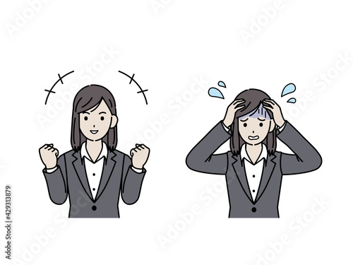 スーツ姿の女性　会社員　ポジティブな感情とネガティブな感情　イラスト素材