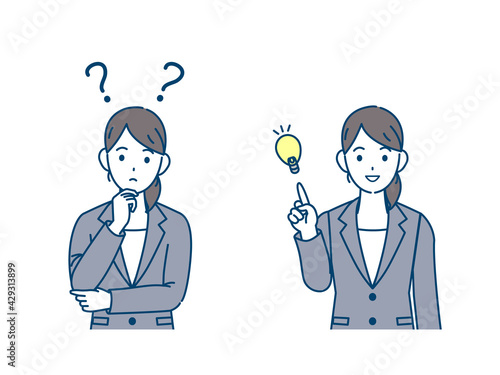 疑問　考え事　アイデア　閃く　ポーズ　スーツ姿の女性　イラスト素材