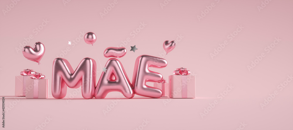 Dia das  mães 3d com caixas de presentes com escrita rosa 