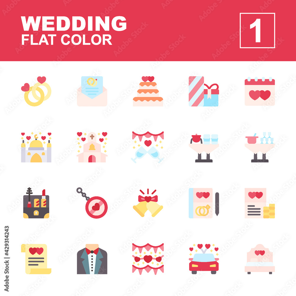 Icon set Wedding made with flat color technique, contains a couple ring, invitation, gift, souvenir, cost, car, cake, bed, bell, groom, mosque, church and more. You can be used for web, mobile and ui.