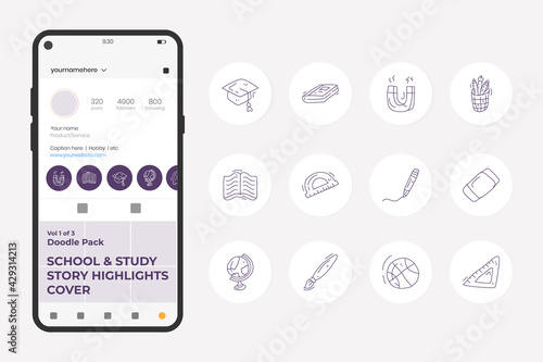 School and study doodle icon illustration set for social media Highlight Stores Cover with thin outline style vector illustration