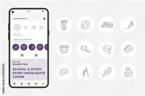 School and study doodle icon illustration set for social media Highlight Stores Cover with thin outline style vector illustration