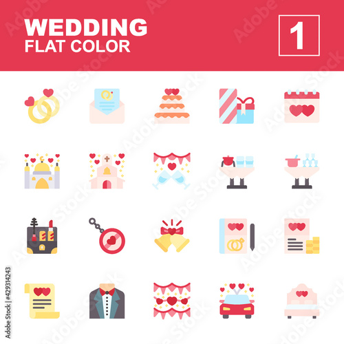 Icon set Wedding made with flat color technique, contains a couple ring, invitation, gift, souvenir, cost, car, cake, bed, bell, groom, mosque, church and more. You can be used for web, mobile and ui.