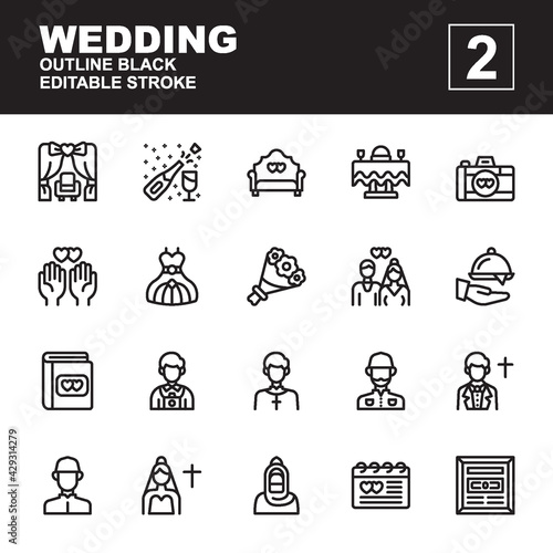 Icon set Wedding made with outline black technique, contains a arch, decoration, champagne, chair, groom, bride, priest, and more. You can be used for web, mobile and ui. Editable stroke.