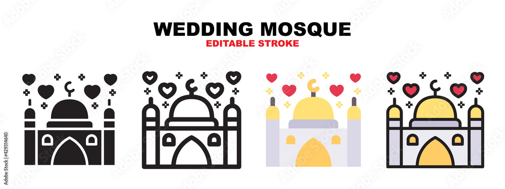 Fototapeta premium Wedding Mosque icon set with different styles. Icons designed in filled, outline, flat, glyph and line colored. Editable stroke and pixel perfect. Can be used for web, mobile, ui and more.