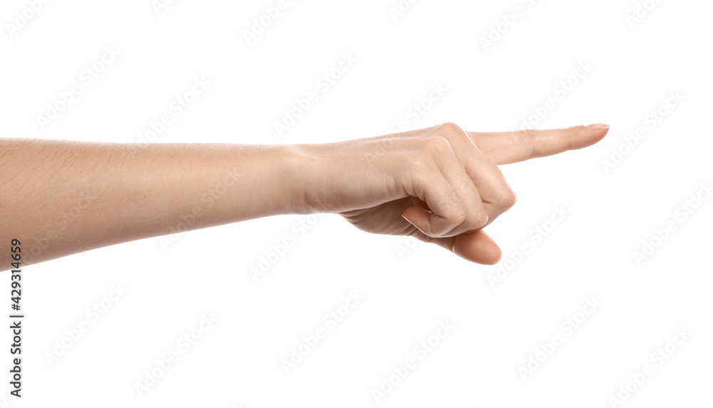 Woman pointing with index finger on white background, closeup Woman pointing with index finger on white background, closeup