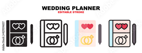 Wedding Planner icon set with different styles. Icons designed in filled, outline, flat, glyph and line colored. Editable stroke and pixel perfect. Can be used for web, mobile, ui and more.