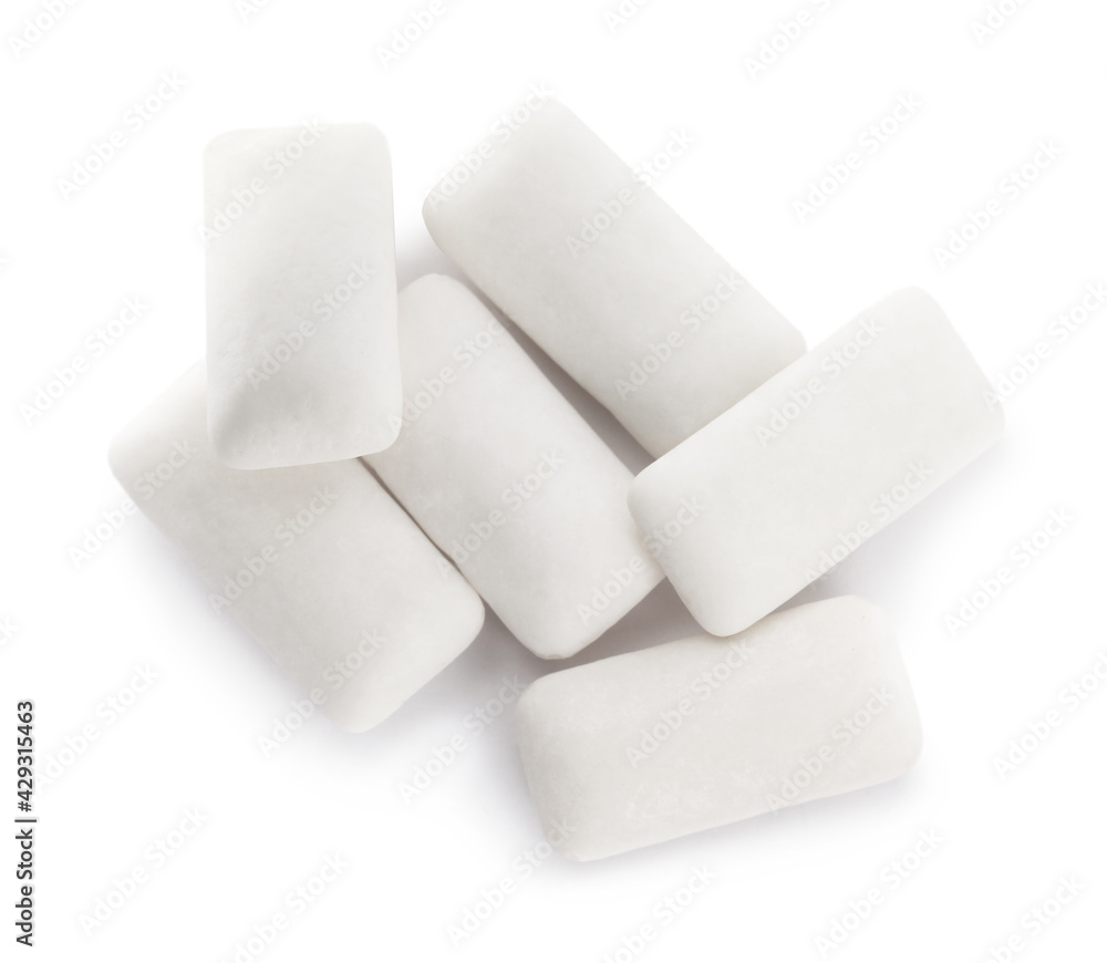 Heap of chewing gum pieces on white background, top view Heap of chewing gum pieces on white background, top view