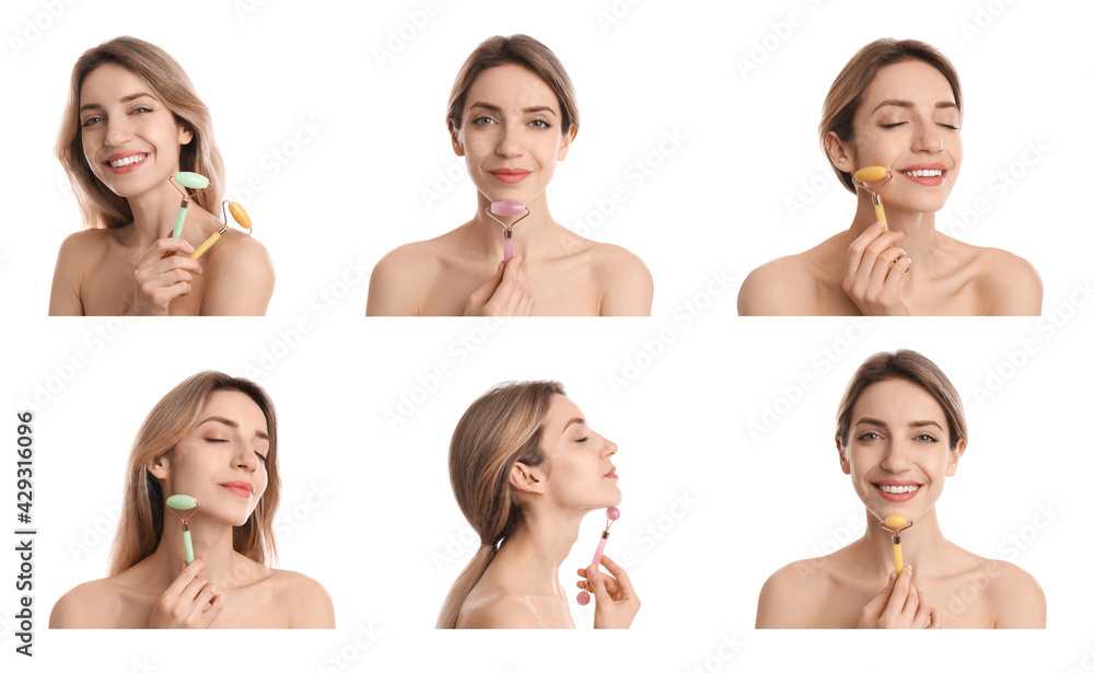 Young woman using face roller on white background, collage. Banner design Young woman using face roller on white background, collage. Banner design