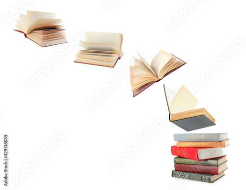 Obraz na plátne Stacked and flying books on white background, collage