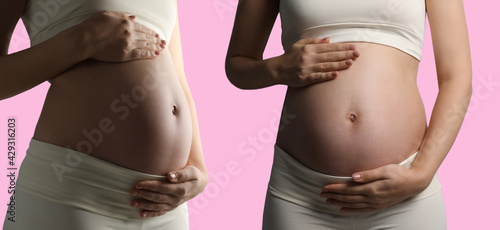 Collage with photos of pregnant woman touching her belly on pink background, closeup. Banner design photo