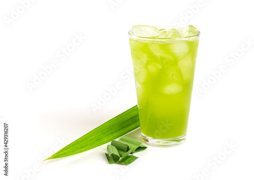 Pandan juice glass with slice and leaves isolated on white background.
