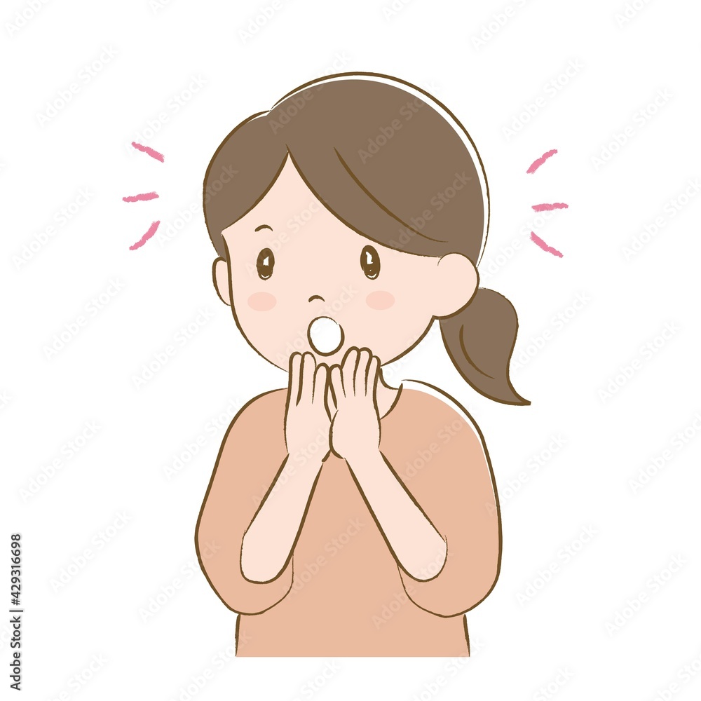 口元に手を当てて驚く女性(手描き風)
口元に手を当てて驚く女性(手描き風)
