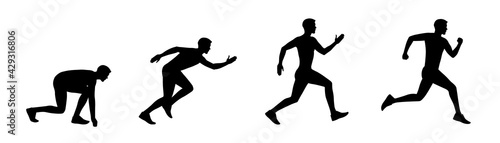 Hombre corriendo. Conjunto de persona, atleta, hombre corriendo en diferentes posiciones. Ilustración vectorial estilo silueta