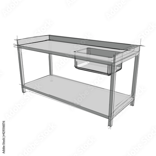 Technical drawing of a restaurant sink in an architectural style. Schematic vector illustration of commercial kitchen sink on white background