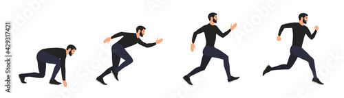 Hombre corriendo. Conjunto de persona, atleta, hombre corriendo en diferentes posiciones. Concepto de deporte. Ilustración vectorial