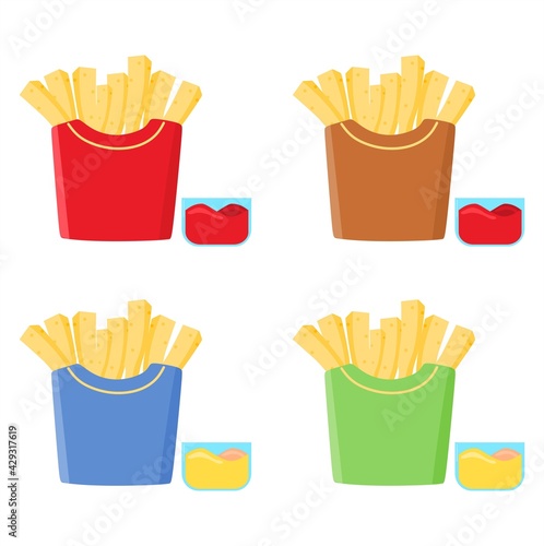 Vector illustration set of french fries with ketchup, restaurant and snack theme, suitable for advertising of food products