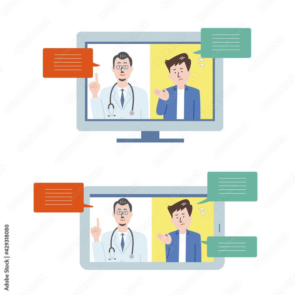 オンラインで話す男性医師と男性患者のイラスト素材
