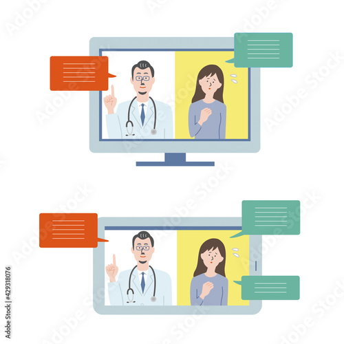 オンラインで話す男性医師と女性患者のイラスト素材