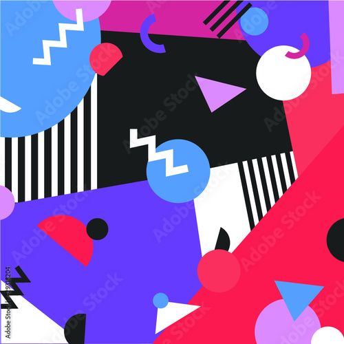 Memphis Style Colorful Geometric Background Vector with Abstract Shapes - Graphic Design Pattern, Retro Style Banner, Lines and Shapes Reds & Purples