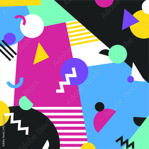 Memphis Style Colorful Geometric Background Vector with Abstract Shapes - Graphic Design Pattern, Retro Style Banner, Lines and Shapes Bright Colours