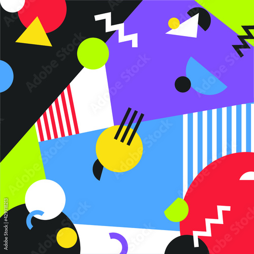 Memphis Style Colorful Geometric Background Vector with Abstract Shapes - Graphic Design Pattern, Retro Style Banner, Lines and Shapes